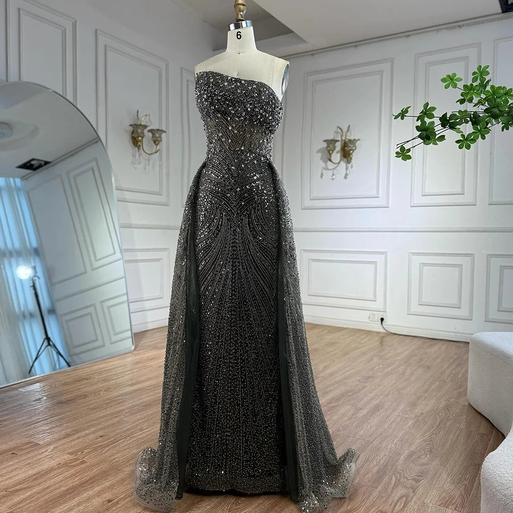 Luxury Olive Green Beaded Mermaid Evening Dress with Overskirt LA73164