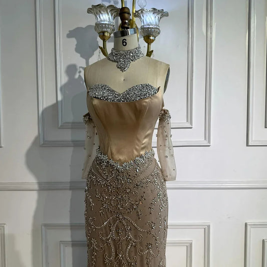 Luxury Caramel Sheer Corset Beaded Evening Dress with Gloves LA72929A