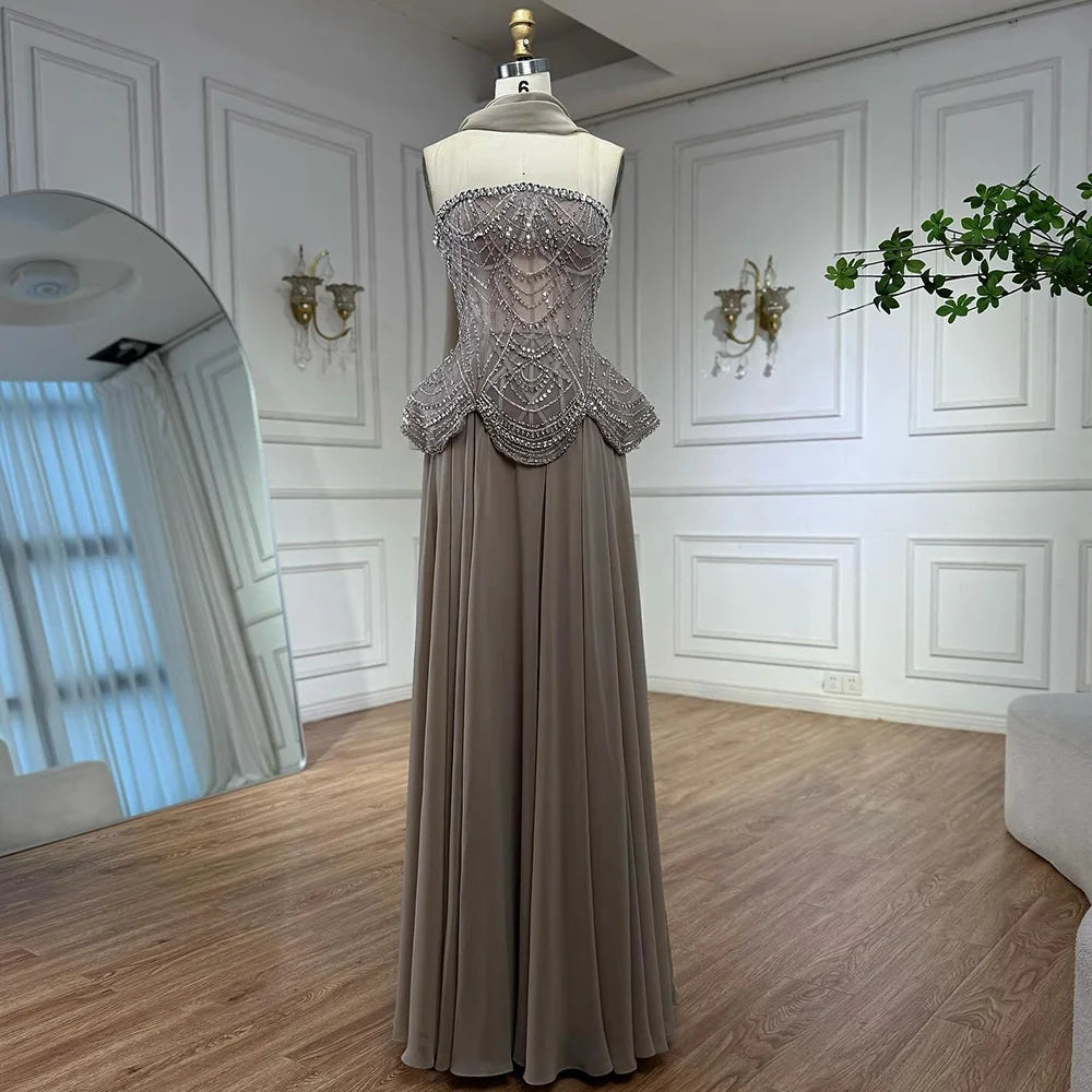 Luxury Designer Nude Beaded Chiffon Evening Dress Wedding LA72915