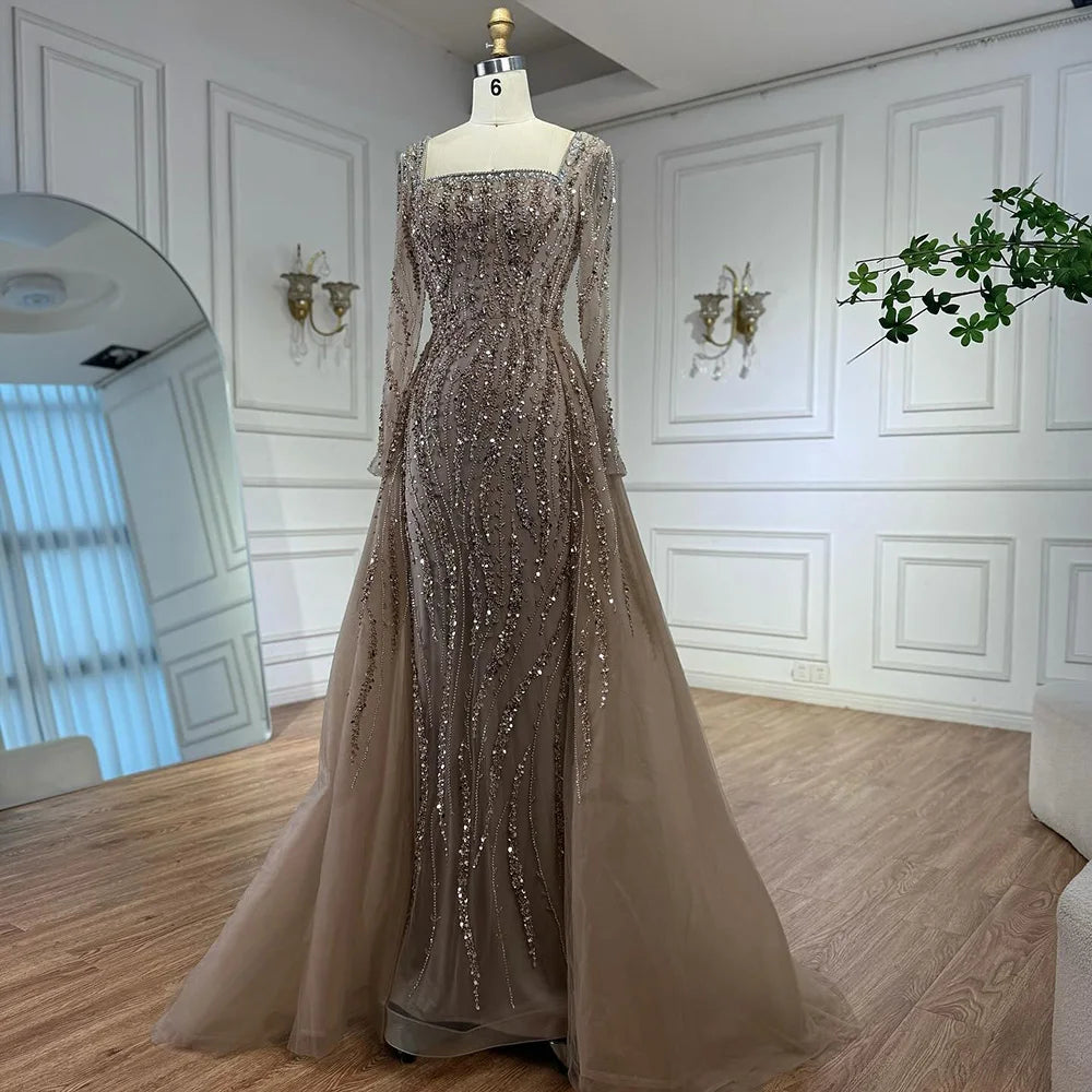 Luxury Arabic Caramel Beaded Mermaid Evening Dress with Overskirt LA72710A