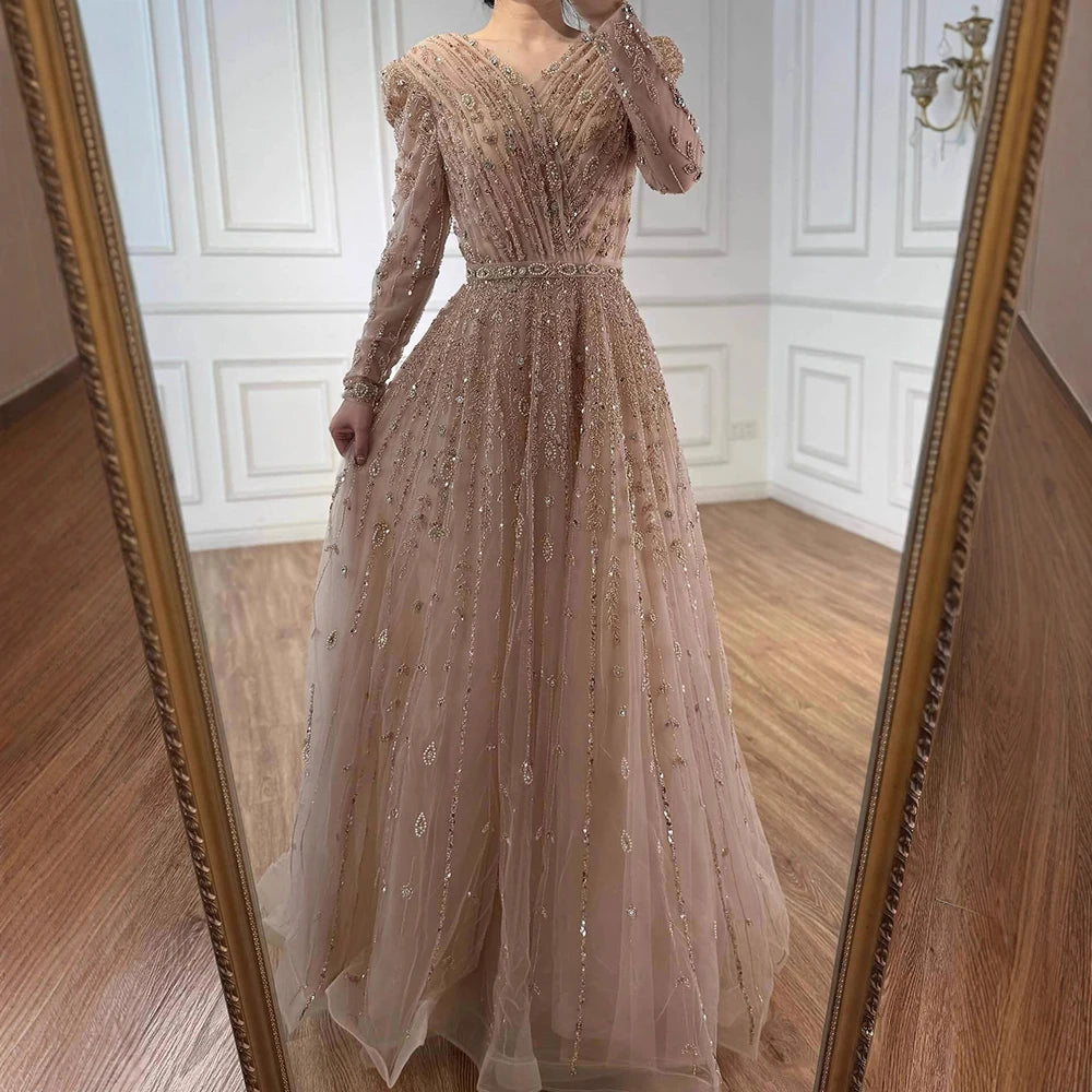 Luxury Nude A Line Beaded Evening Dress for Formal Occasion LA71803D