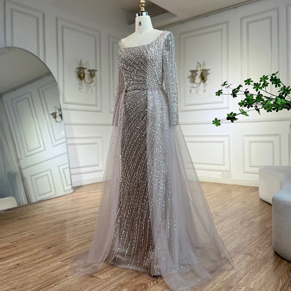 Luxury Gray Beaded Mermaid Evening Dress with Detachable Skirt LA71618L