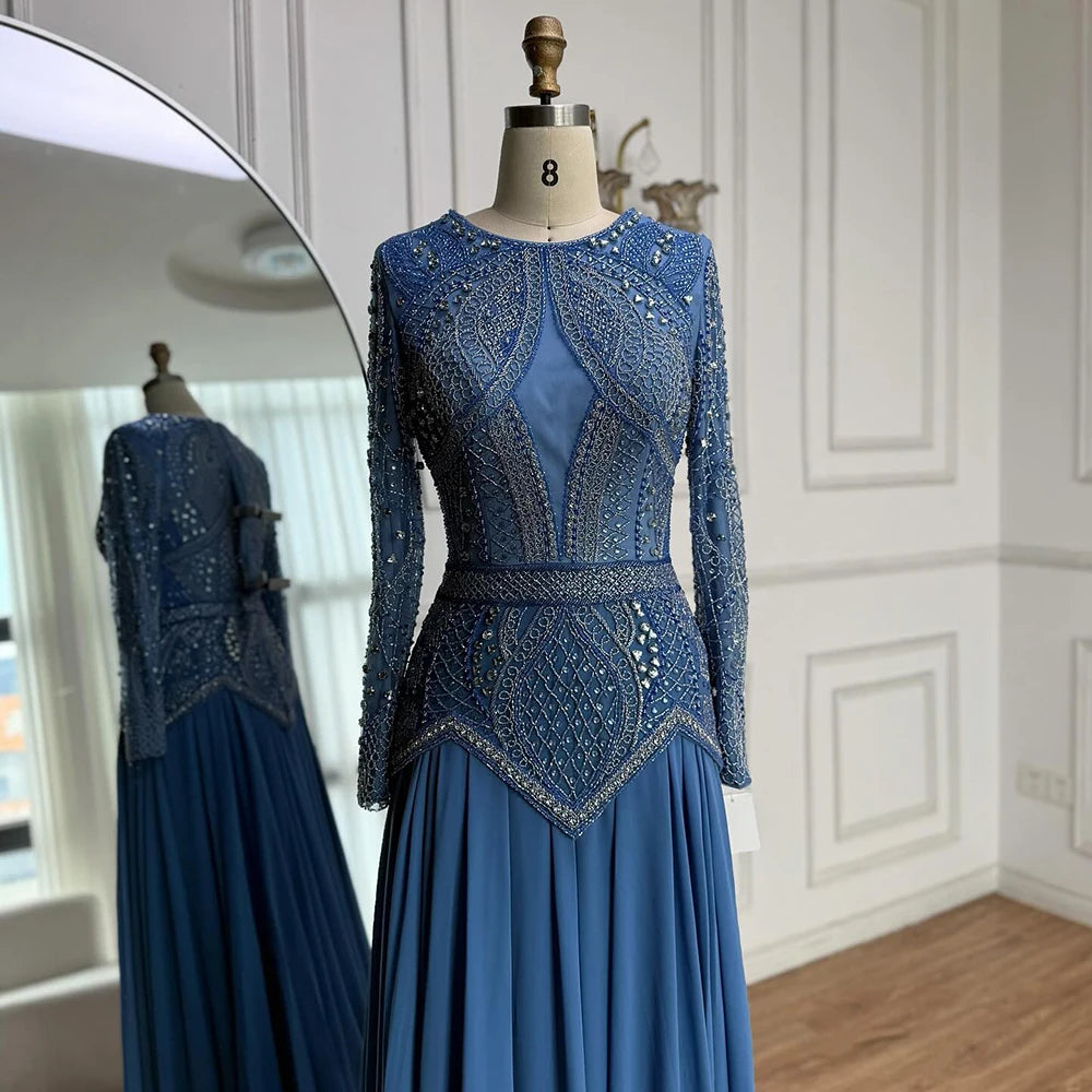 Luxury Designer  Blue Beaded Evening Dress with Long Sleeves LA72962