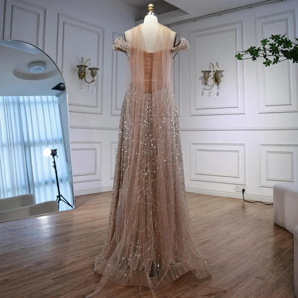 Luxury  Arabic  Pink Pearls  Evening Dress  With Cape LA72922