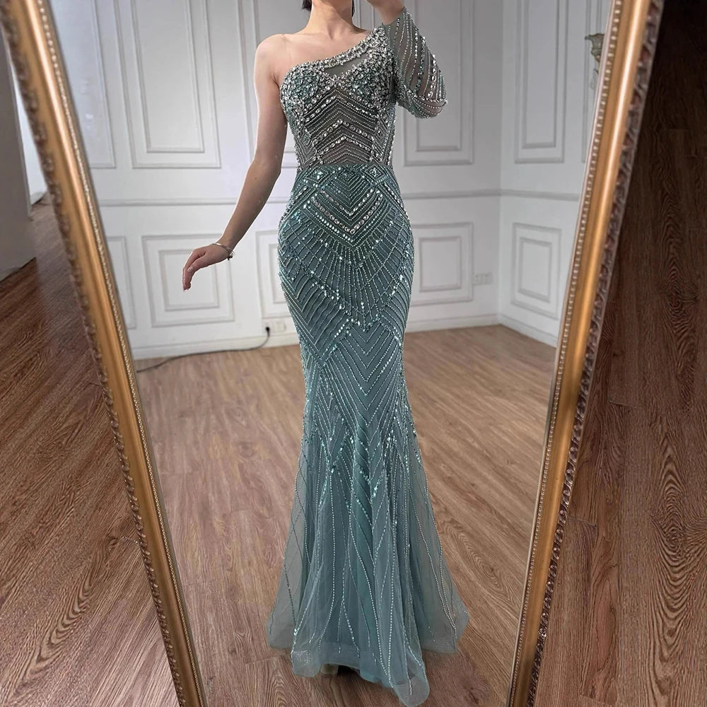 Luxury Nude One Shoulder Long Sleeve Beaded Evening Dress LA73180