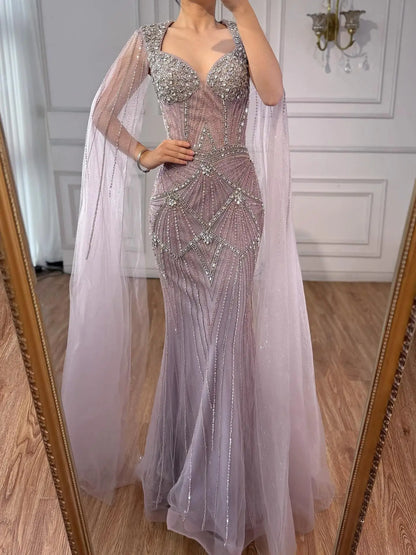 Luxury Dubai Pink Beaded Evening Dress With Cape LA73329