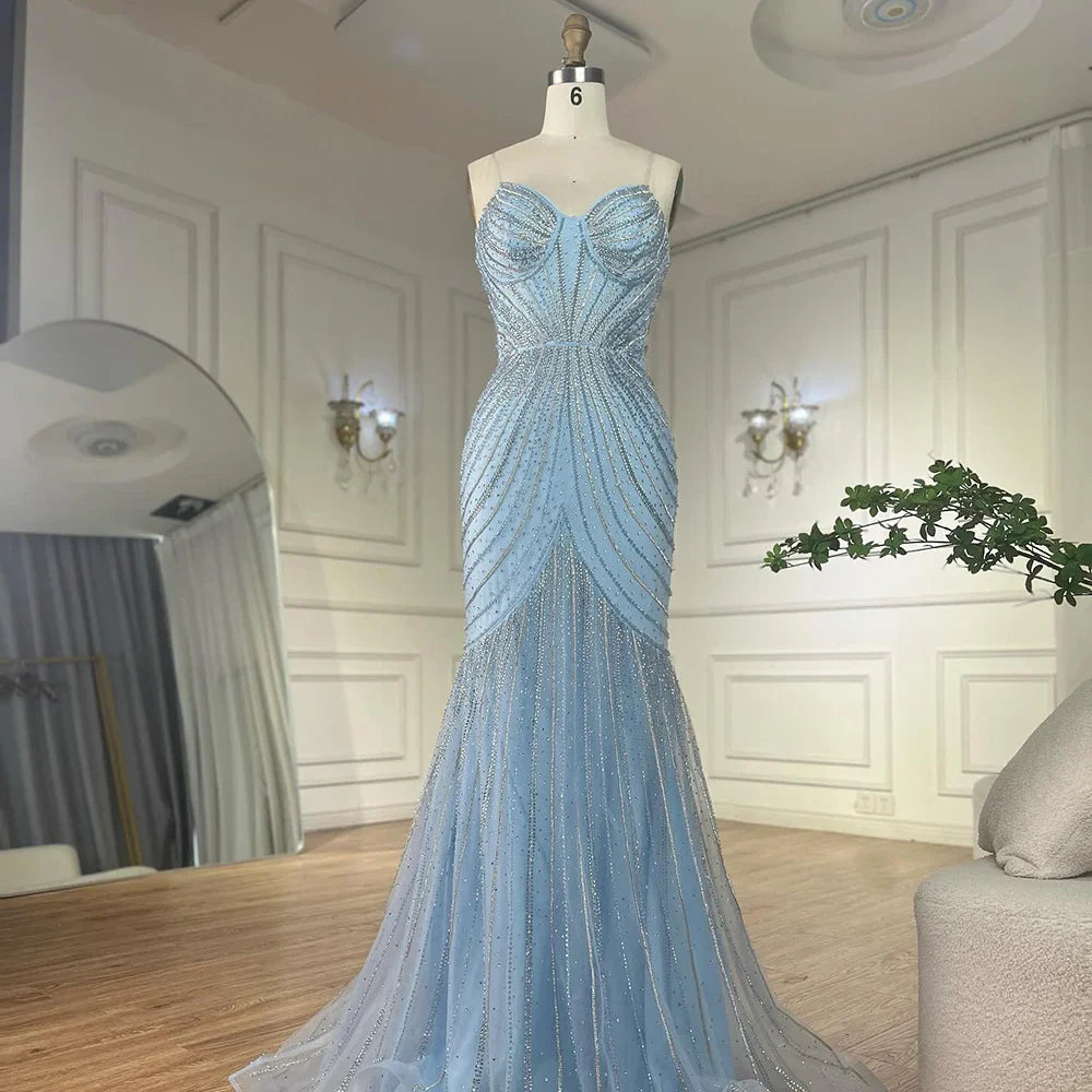 Luxury Blue Beaded Evening Gown with Detachable Cape LA72784