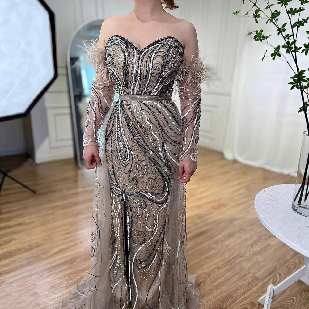 Luxury Arabic Nude Mermaid High Split Feather Beaded Evening Dress LA71910