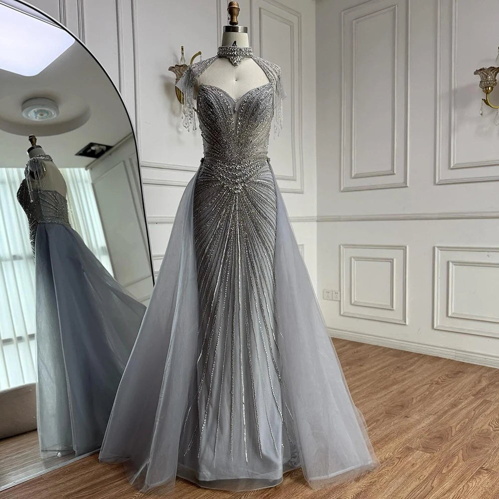 Luxury Nude Beaded Mermaid Evening Dress with Overskirt LA73182