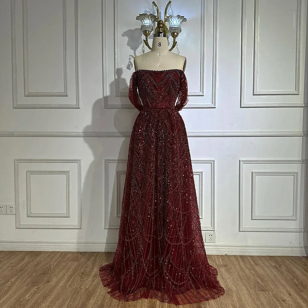 Luxury Nude Off Shoulder A-Line Evening Gown with Pearl Beading LA72738A