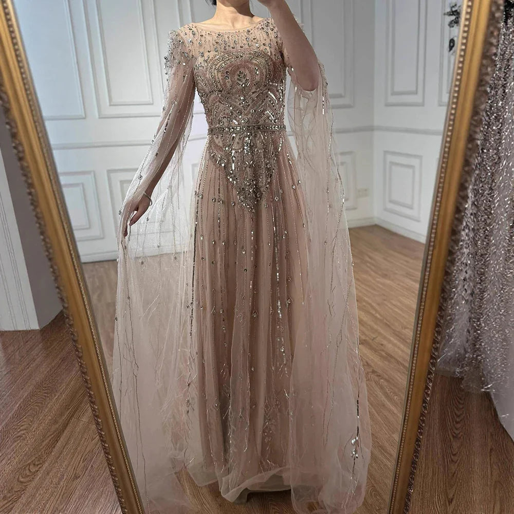 Luxury Designer Blue Beaded Stone Arabic Evening Dress With Cape Sleeve LA72635