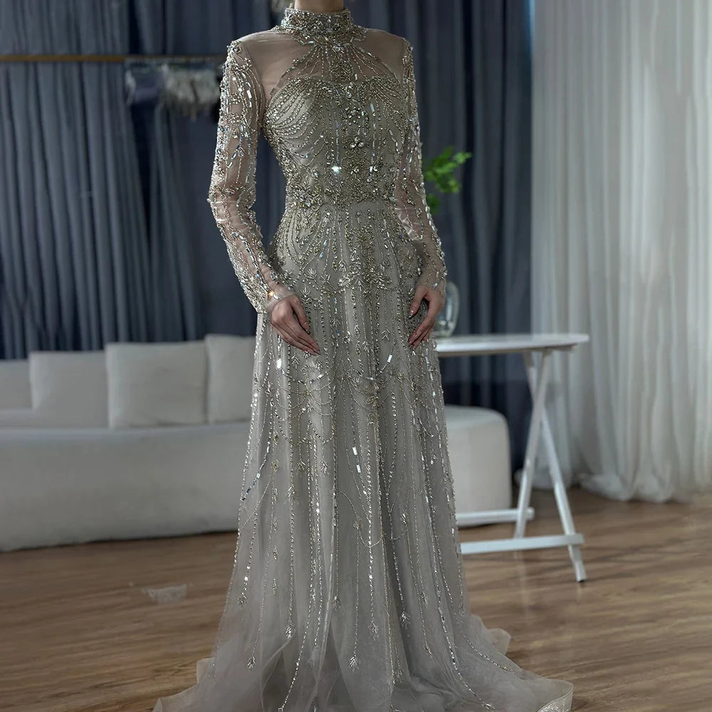 Luxury A-Line Blue Lace Beaded Turtleneck Evening Dresses LA72704