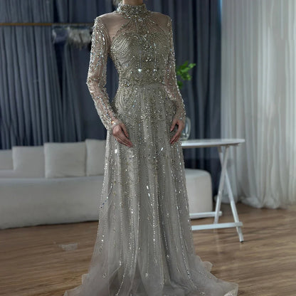Luxury A-Line Blue Lace Beaded Turtleneck Evening Dresses LA72704