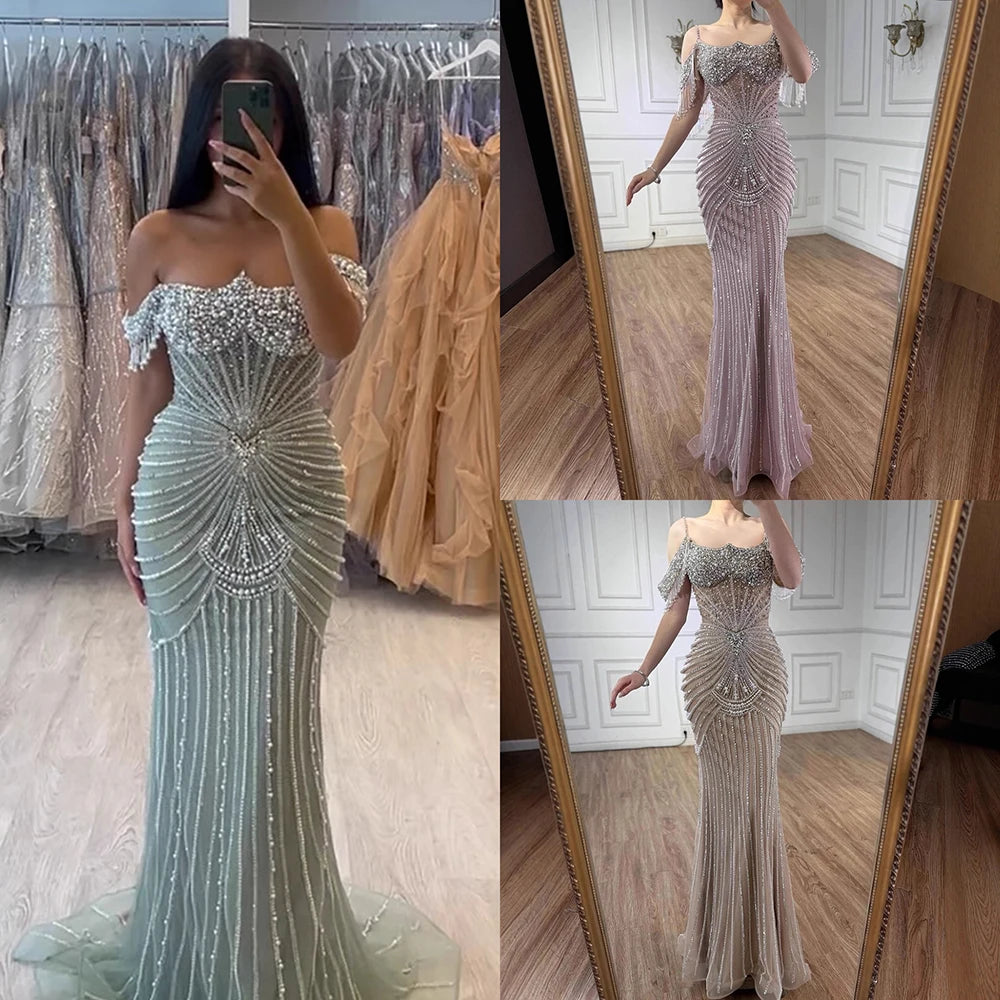 Luxury Sage Green Pearls Beaded Mermaid Evening Dress Off Shoulder LA73148