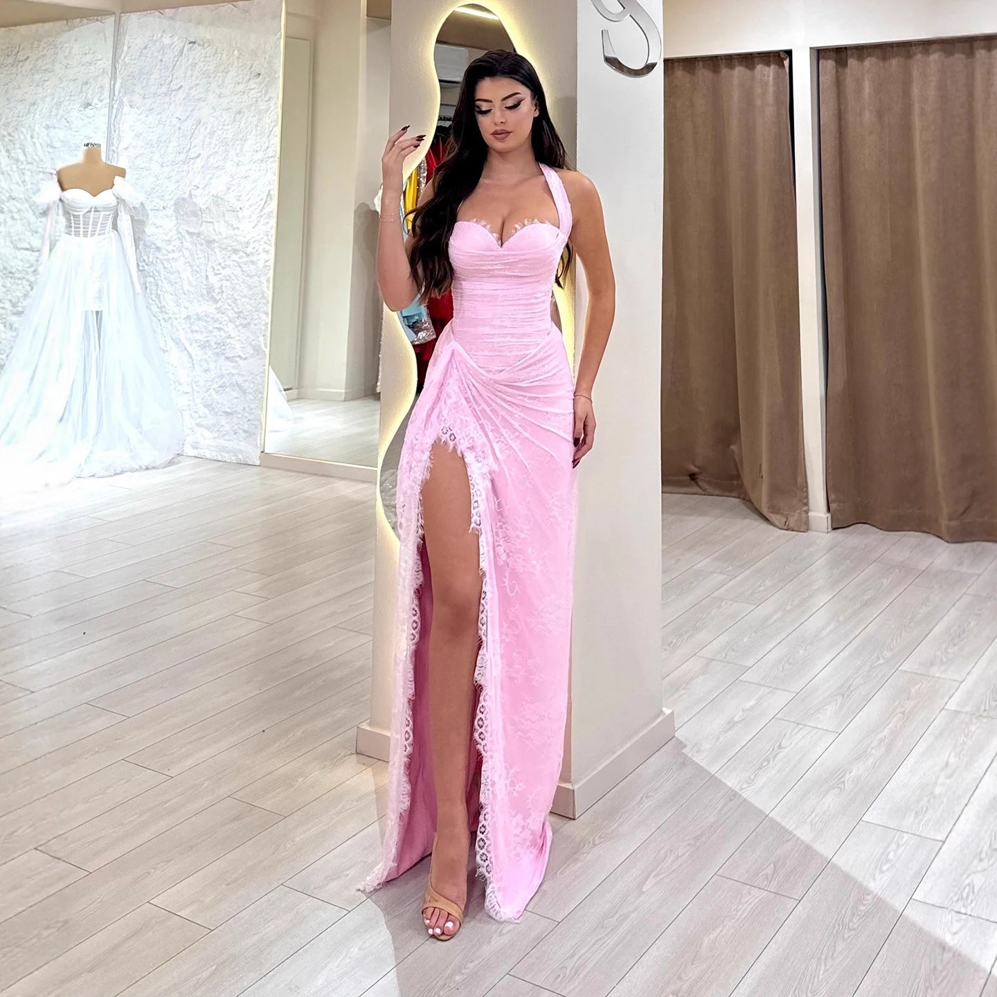 Luxury Pink Lace Halter Saudi Arabic High Split Evening Dress LA73372