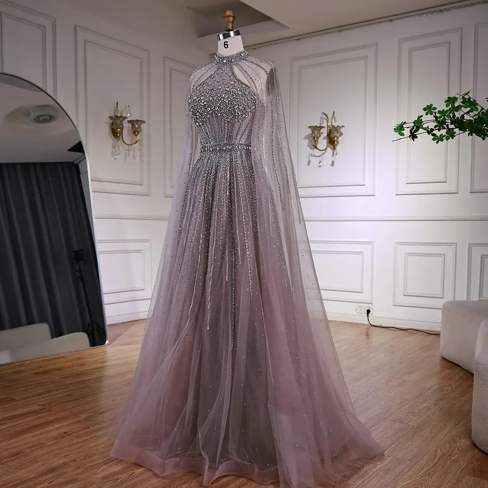Luxury Turquoise Beaded A-Line Evening Dress with Cape Sleeves LA73054