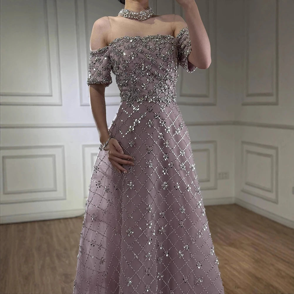 Luxury Nude Sliver Off Shoulder Beaded Crystal A-Line Evening Dress LA73122