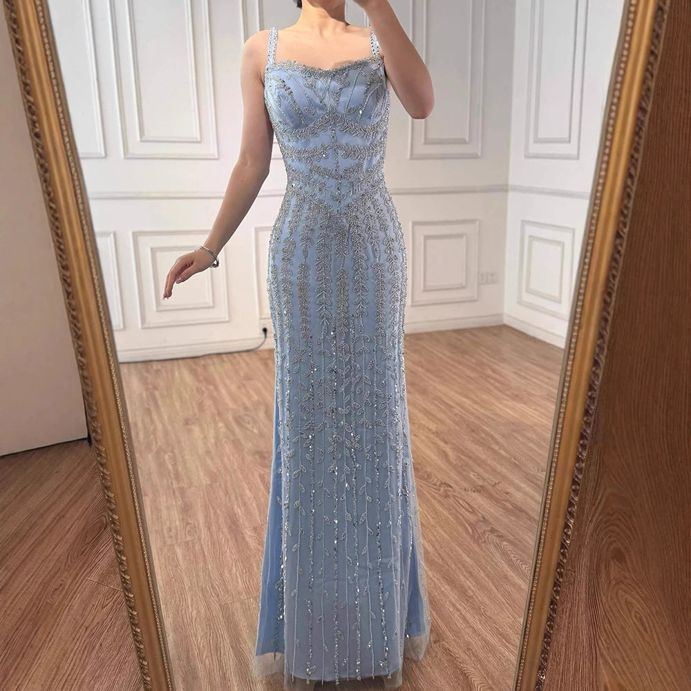 Luxury Arabic Blue Spaghetti Strap Mermaid Evening Dress Beaded LA72725
