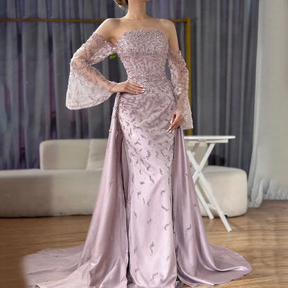 Luxury Blue Beaded Pearls Evening Dress with Removable Overskirt LA72705