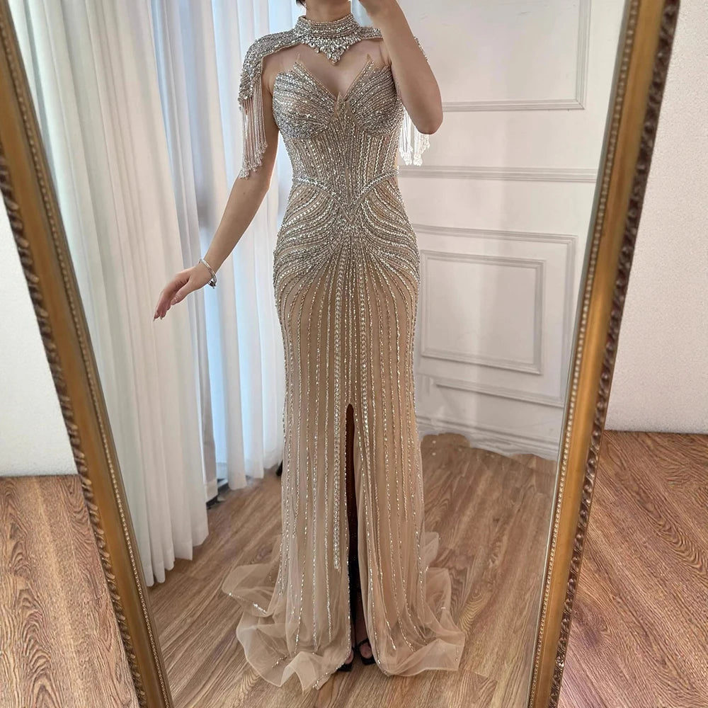 שמלת ערב בצבע גוף בתולת ים עם גדילים גבוהים וניתנים להסרה LA72891A 