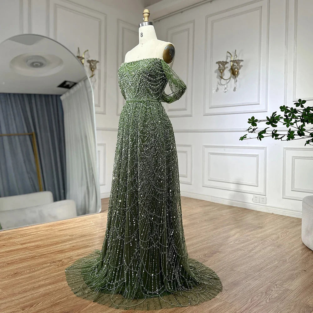 Luxury Nude Off Shoulder A-Line Evening Gown with Pearl Beading LA72738A