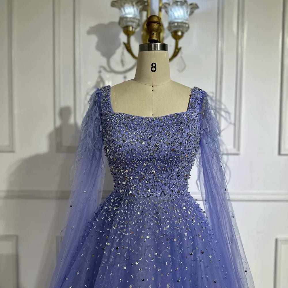 Luxury Blue A-Line Feathers Beaded Evening Dress with Cape Sleeves LA71782A