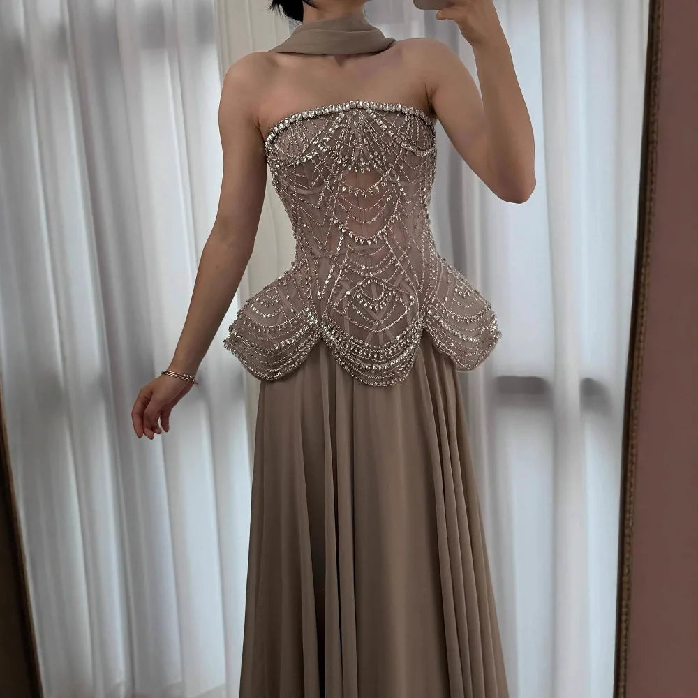 Luxury Designer Nude Beaded Chiffon Evening Dress Wedding LA72915