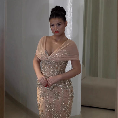 Luxury Nude Beaded Mermaid Evening Dress LA73336