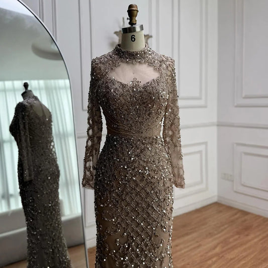 Caramel Beaded High Neck Mermaid Evening Dress Plus Size LA71747A