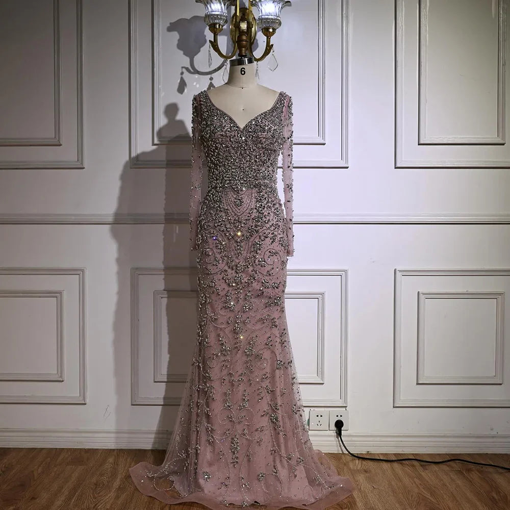 Luxury Nude Beaded Crystal Mermaid Evening Dress with Long Sleeves LA73042