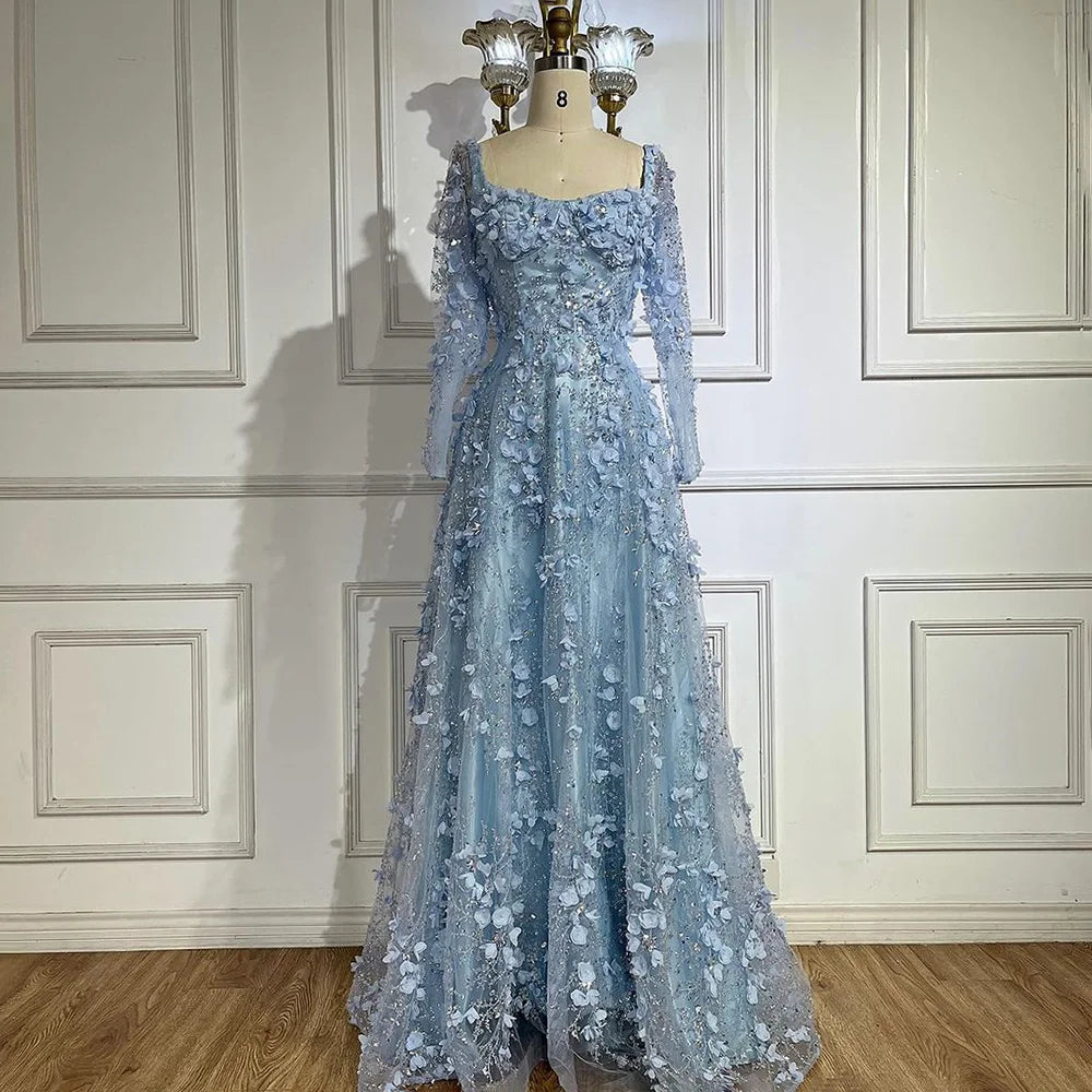 Luxury Arabic Gray A Line Elegant  3D Flower Evening Dress Long Sleeve LA72657