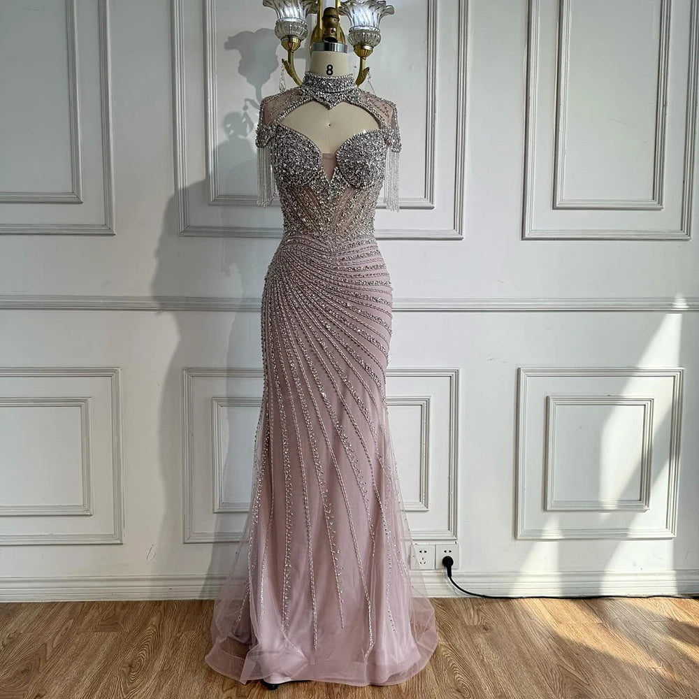 Luxury Pink Beaded Tassel Mermaid Evening Dress Long Gown LA73184