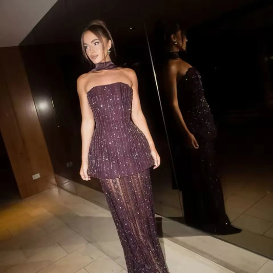 Elegant Arabic Designer Purple Two Pieces Evening Dress for Wedding Guest LA73219