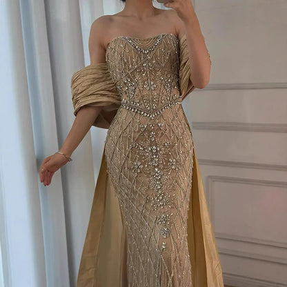 Luxury Designer Dubai  Nude Beaded Mermaid Evening Dress LA72819