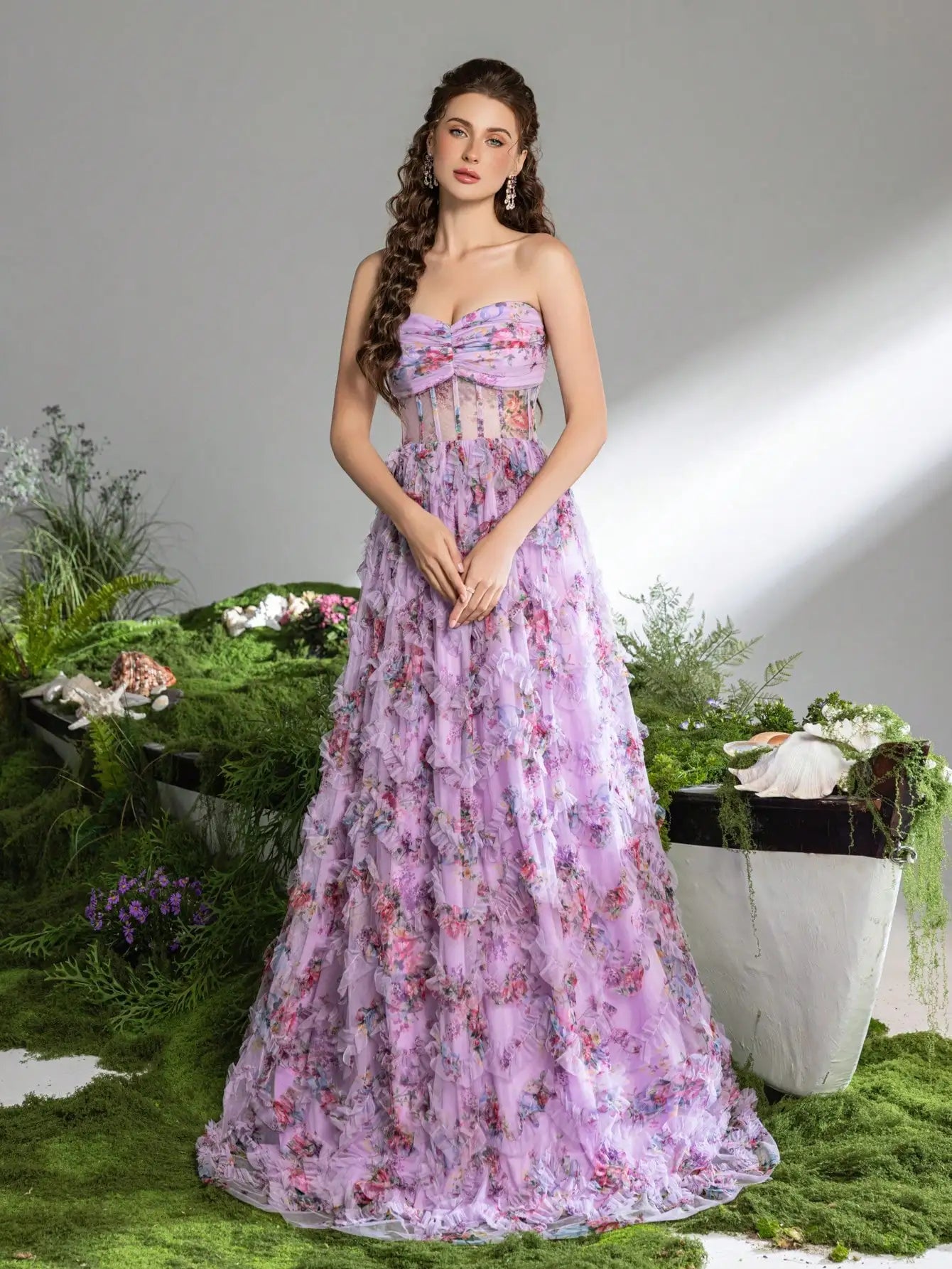 Pink A-Line Tulle Printed Ruffle Tiered Prom Dress LA73275