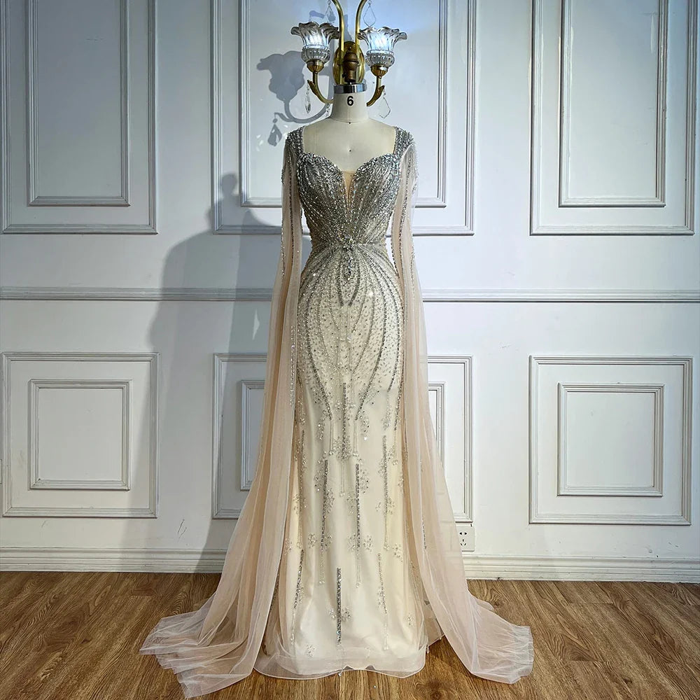 Elegant Beige Beaded Evening Dress with Cape Sleeves LA72992