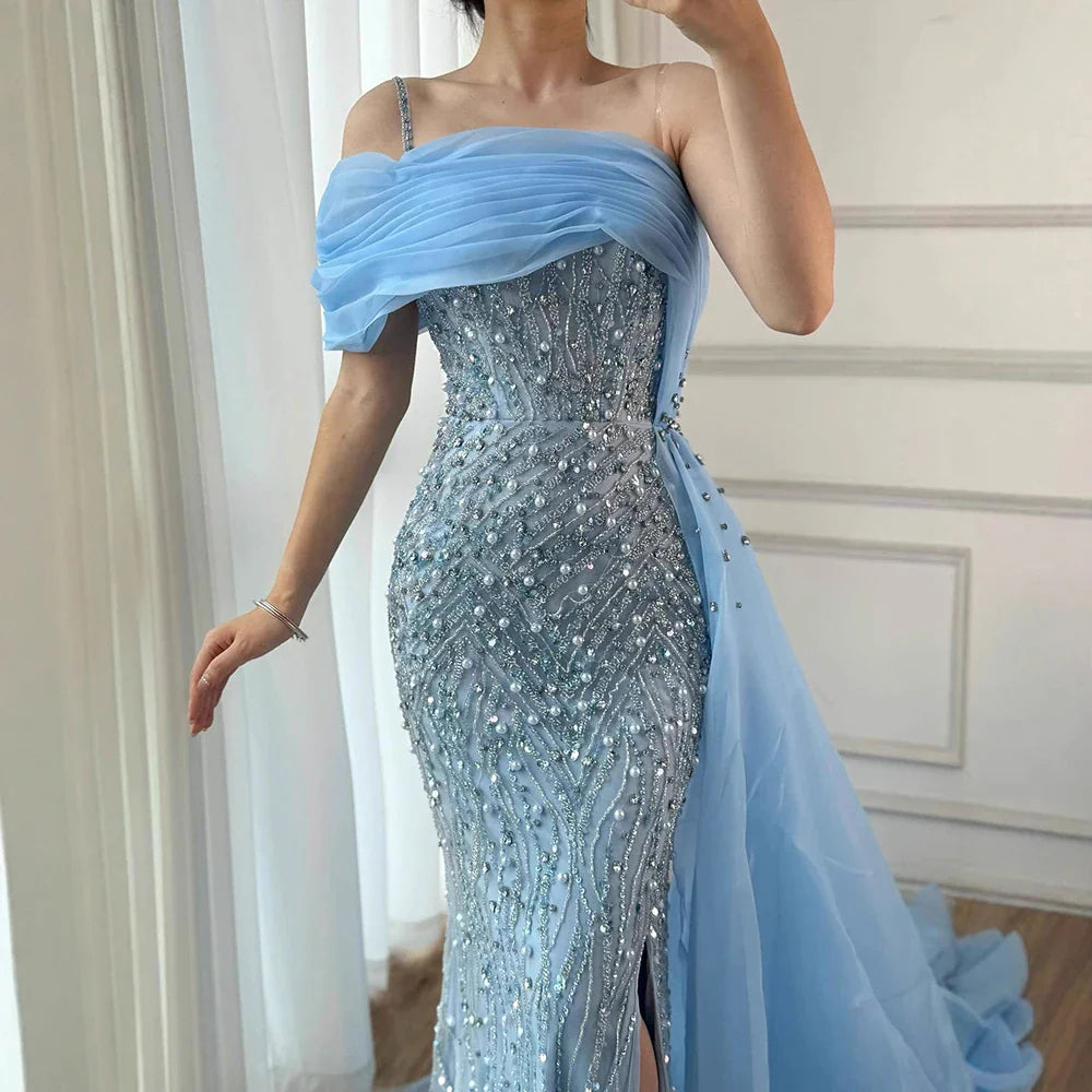 Luxury One Shoulder Blue Evening Dress with Overskirt LA72244A