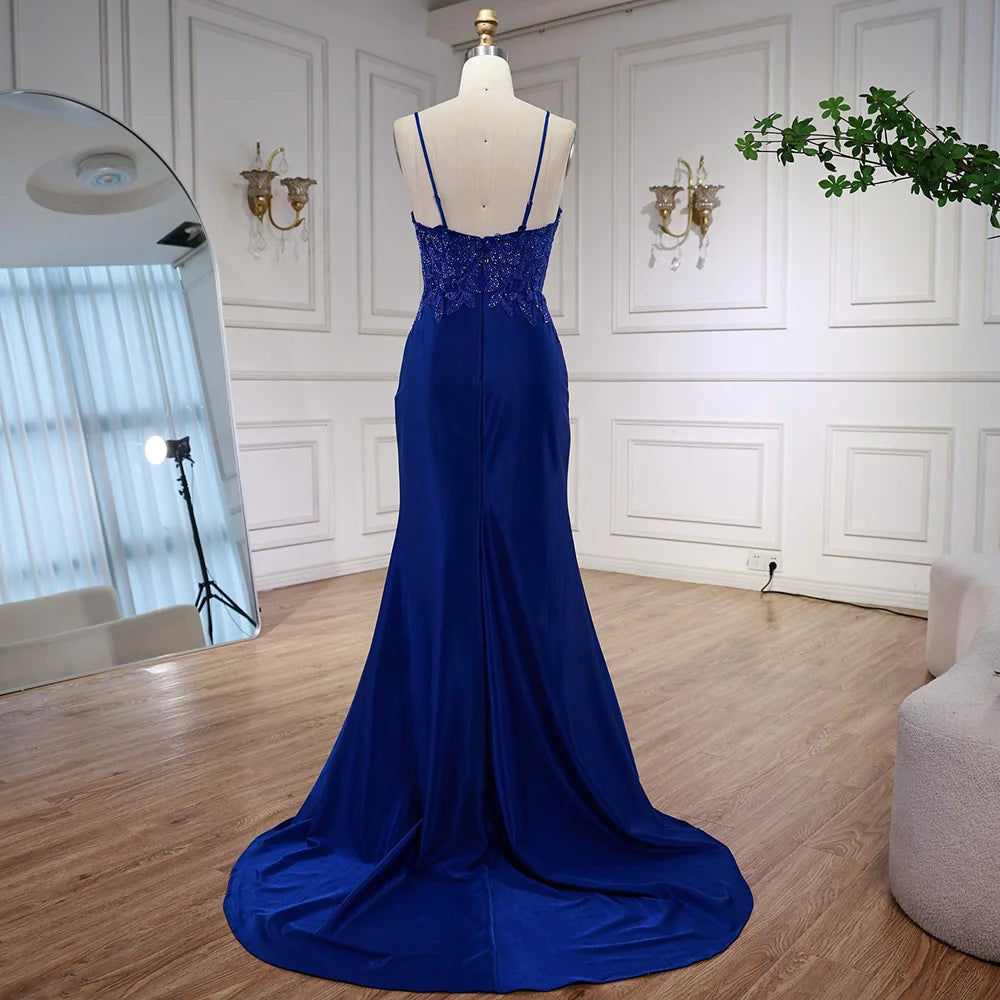 Luxury Navy Blue Lace Slit Prom Dress with Spaghetti Straps LA73041