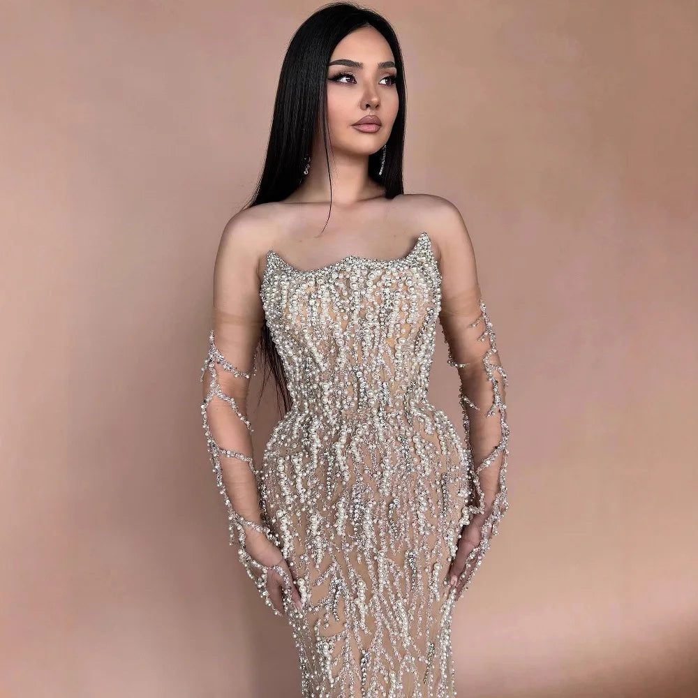 Luxury Nude Strapless Pearl Beaded Mermaid Evening Gown with Gloves LA72345C