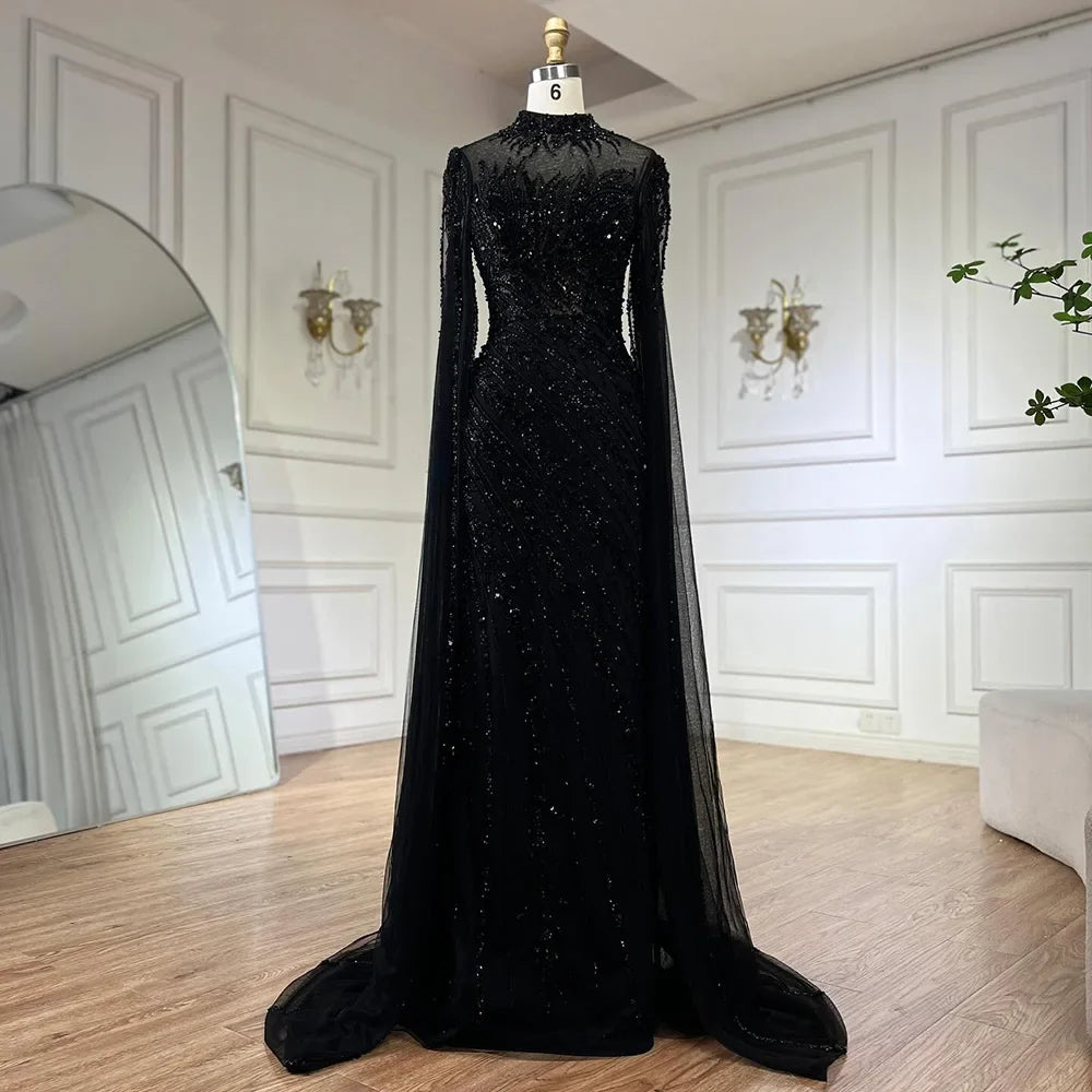 Luxury Black Nude Mermaid Evening Dresses with Cape Sleeves LA71885A