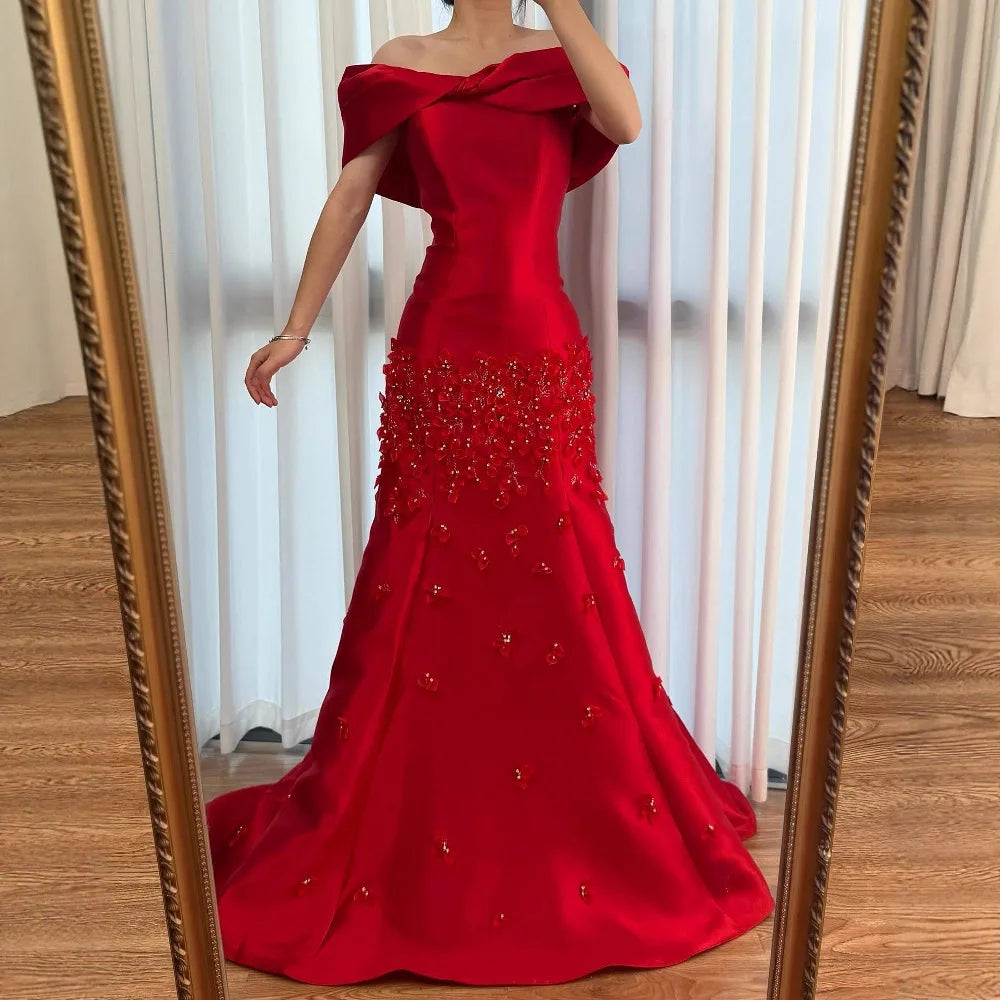 Luxury Peach Satin Mermaid Evening Dress with Appliques LA72483