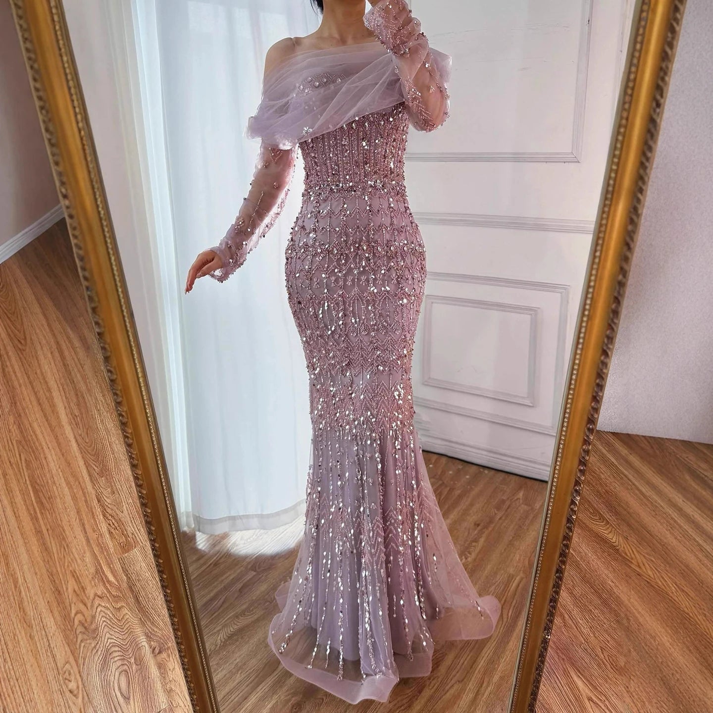 שמלות ערב לבנות יוקרתיות עם צווארון מרובע ושרוולים קצרים LA72714