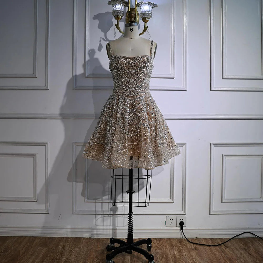 Luxury Nude Crystal A-Line Short Sparkly Cocktail Party Dress LA72983