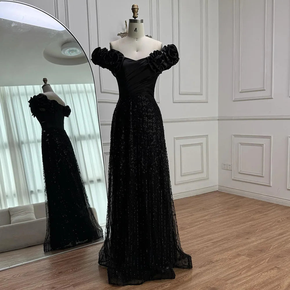 Luxury Black Off Shoulder Sequin Evening Dress with Floral Sleeves LA73096