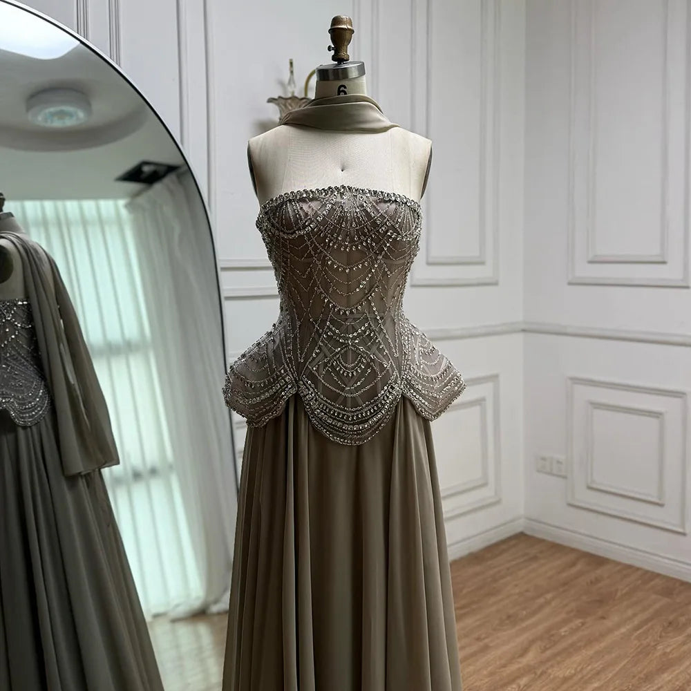 Luxury Designer Nude Beaded Chiffon Evening Dress Wedding LA72915