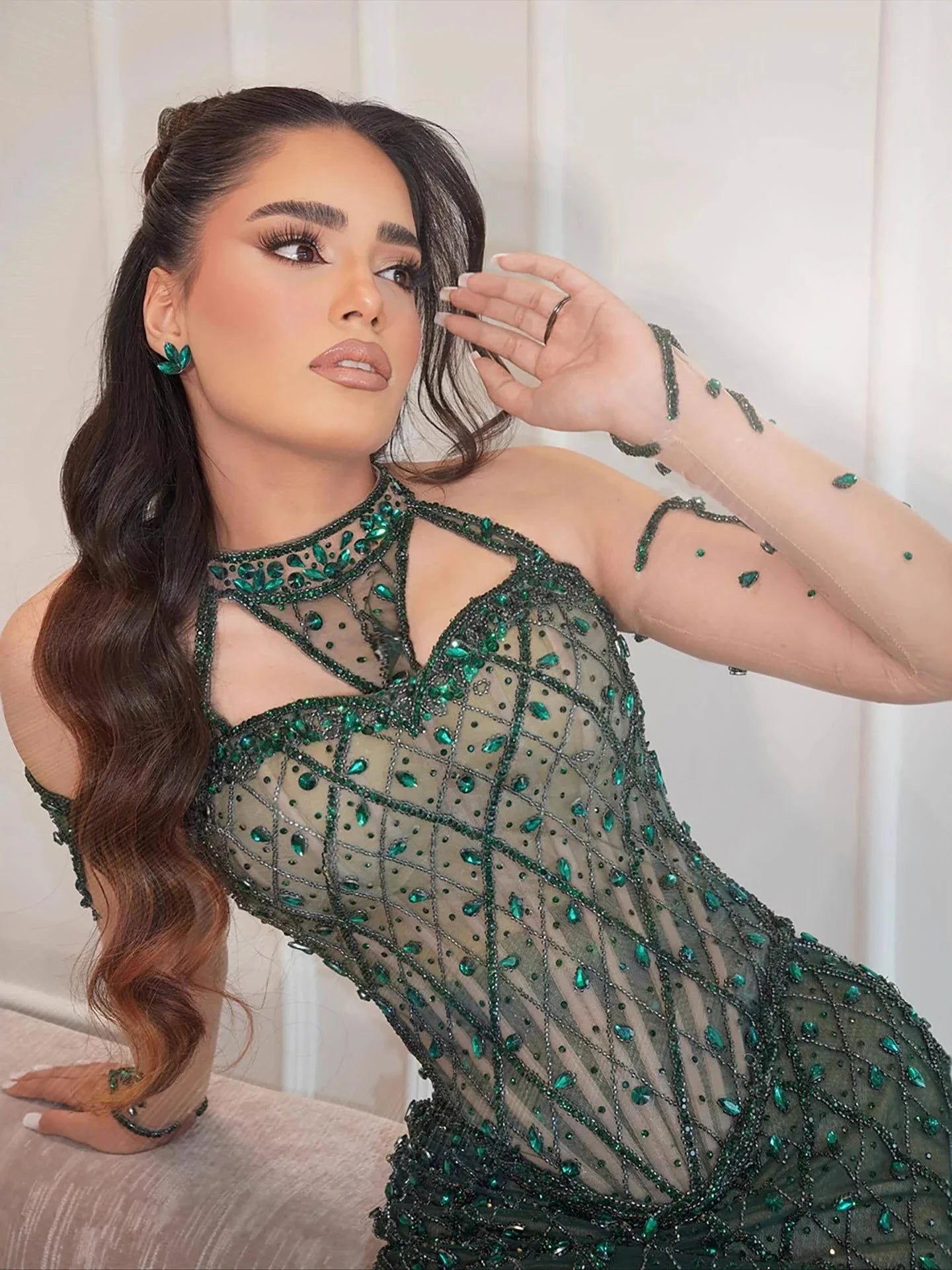 Luxury Green Halter Beaded Dubai Corset Evening Dress LA73322