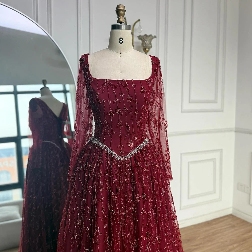 שמלת ערב יוקרתית בצבע ירוק מרווה עם חרוזים ושרוולים ארוכים LA72805B 