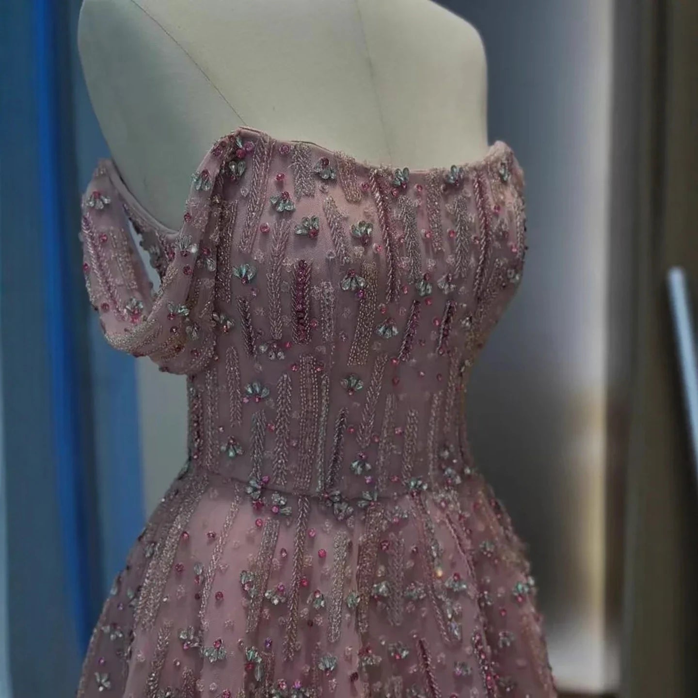 Luxury Arabic Pink Off Shoulder Beaded A-Line Evening Dress LA73326