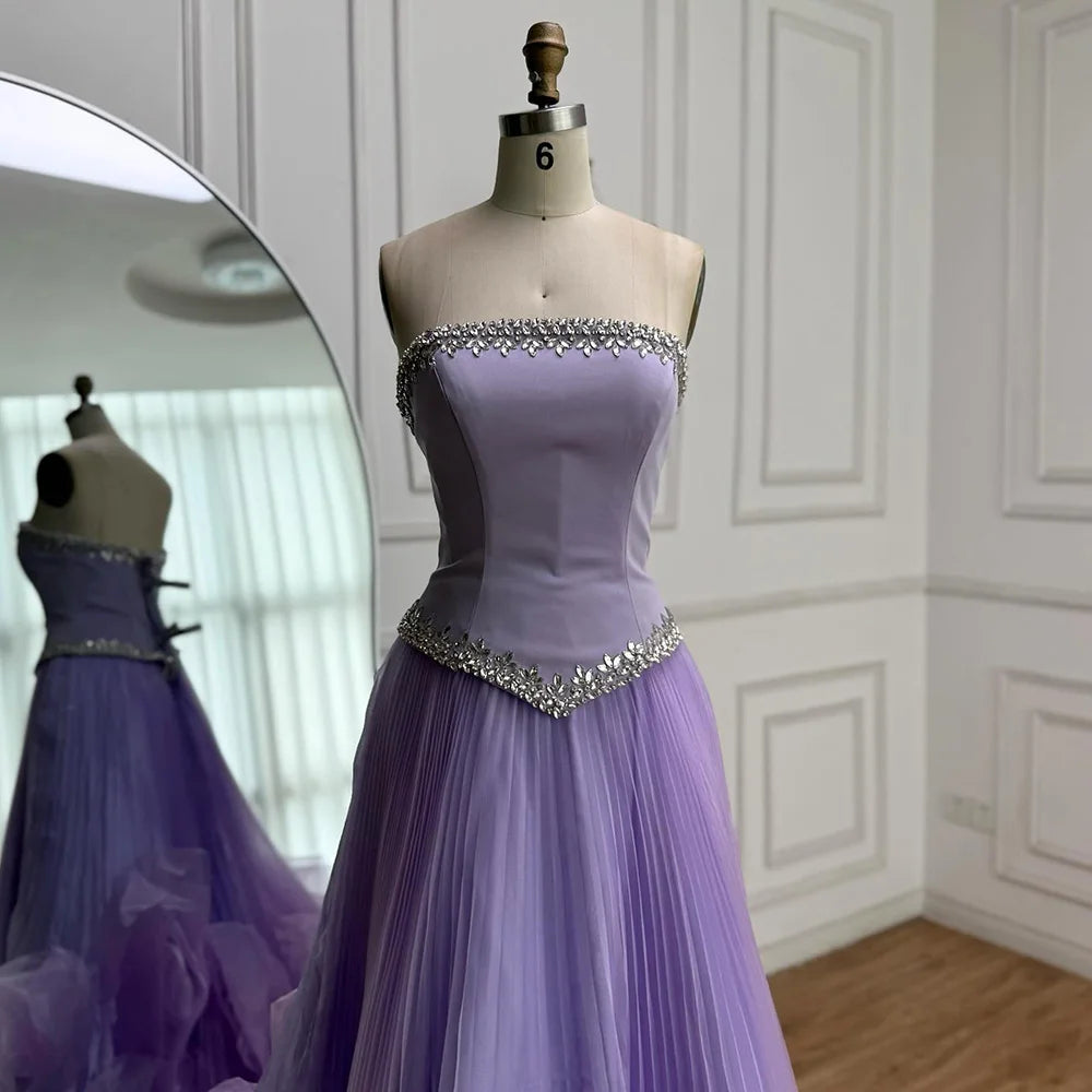 Luxury Lilac Strapless Beaded Evening Dress with Floral Train LA72913A