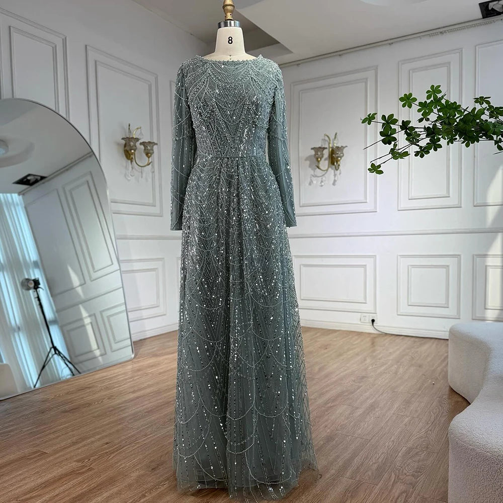 שמלת ערב יוקרתית בגזרת A עם חרוזים בצבע ירוק זית ושרוולים ארוכים LA72738B